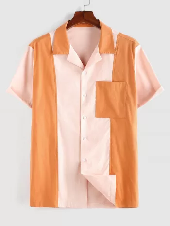 Colorblock Pocket Patch Short Sleeve Button Up Shirt