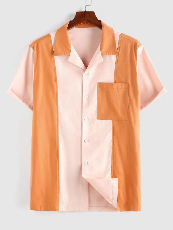 Colorblock Pocket Patch Short Sleeve Button Up Shirt