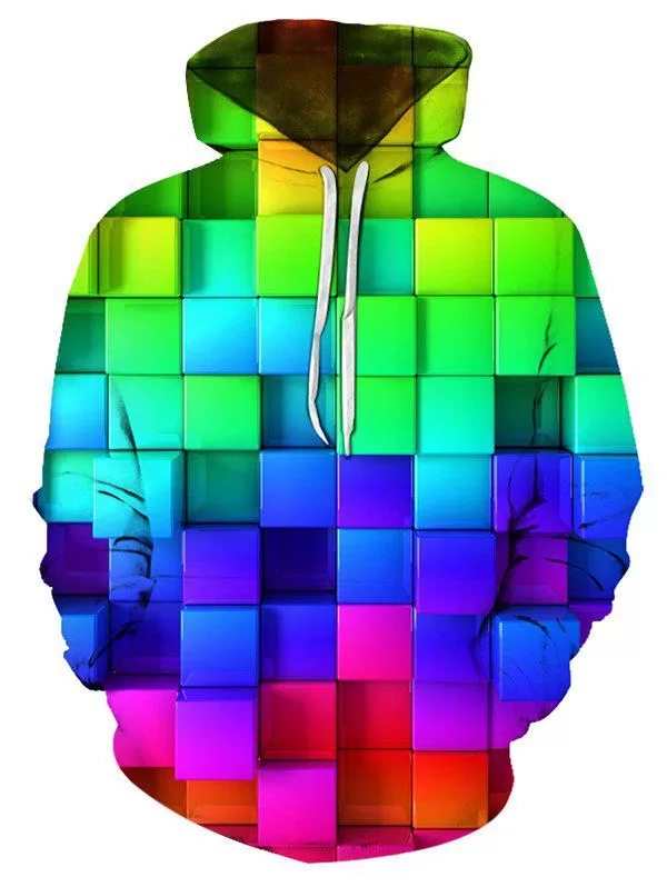 Colorful Block 3d Print Kangaroo Pocket Hoodie