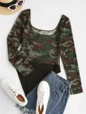 Contrast Camouflage Sheer Mesh Bodysuit