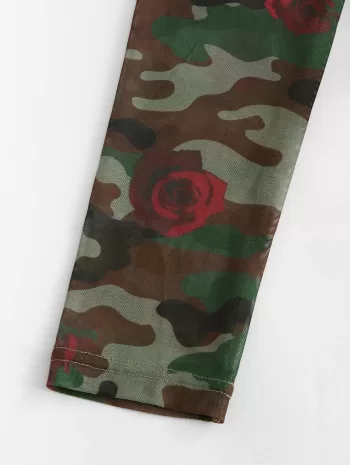 Contrast Camouflage Sheer Mesh Bodysuit