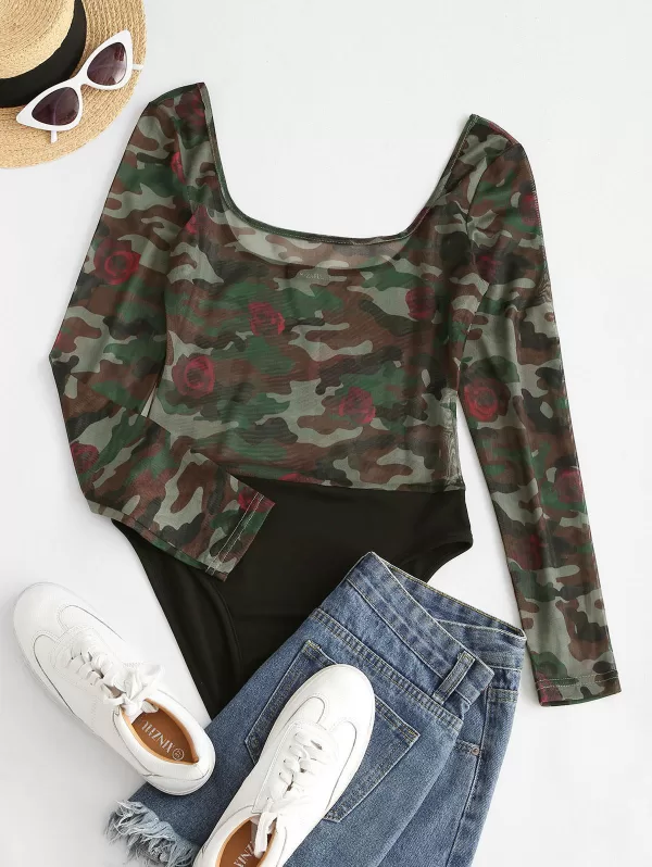 Contrast Camouflage Sheer Mesh Bodysuit