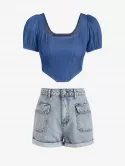 Corset-style Chambray Top And Cuffed Denim Shorts Set