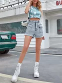 Corset-style Chambray Top And Cuffed Denim Shorts Set