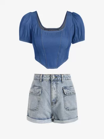 Corset-style Chambray Top And Cuffed Denim Shorts Set