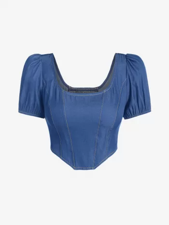 Corset-style Chambray Top And Cuffed Denim Shorts Set