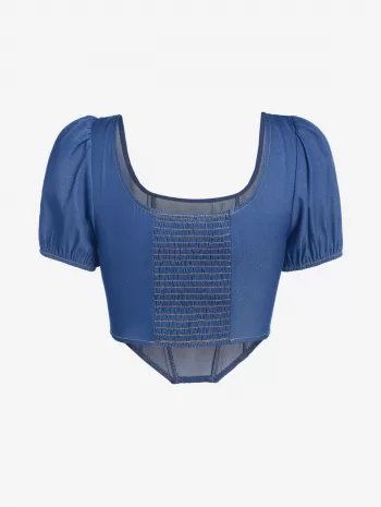 Corset-style Chambray Top And Cuffed Denim Shorts Set