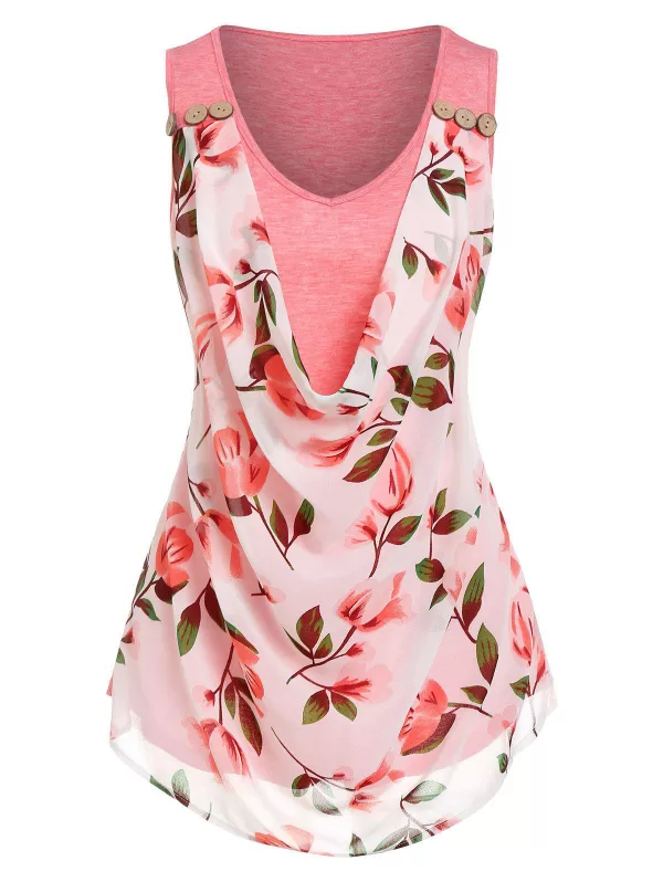 Cowl Front Floral Print Overlay Tank Top