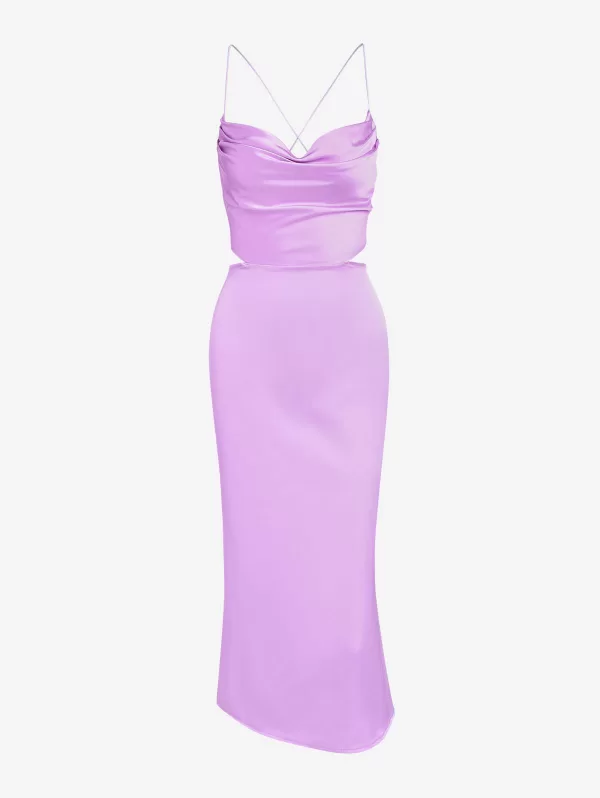 Cowl Front Silky Tie Open Back Midi Dress