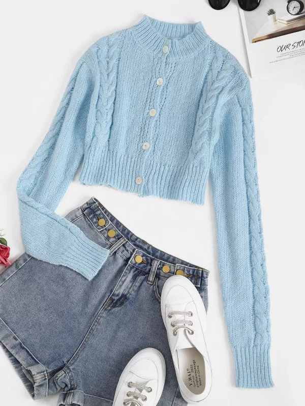 Cropped Button Up Cable Knit Cardigan