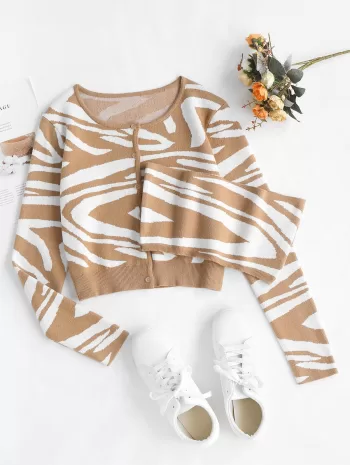 Cropped Zebra Stripes Bandeau Top And Cardigan Set