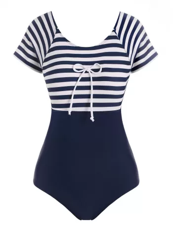 Cutout Sailor Striped One-piece Swimsuit