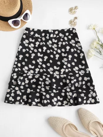 Daisy Print Ruffles Mini Skirt