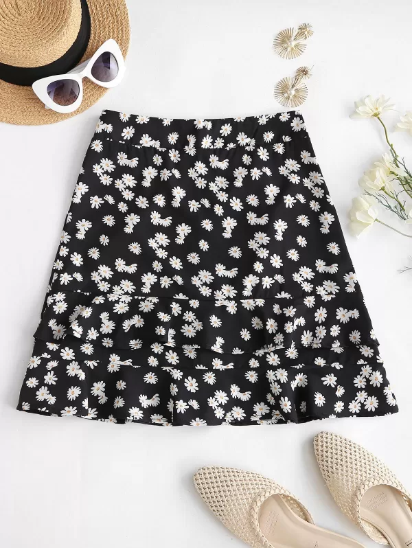 Daisy Print Ruffles Mini Skirt