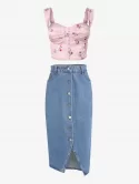 Ditsy Floral Buttons Bustier Top With Button Fly Slit Midi Denim Skirt Two Piece Set