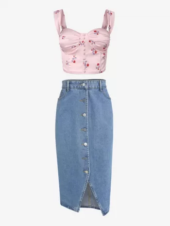 Ditsy Floral Buttons Bustier Top With Button Fly Slit Midi Denim Skirt Two Piece Set