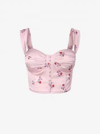 Ditsy Floral Buttons Bustier Top With Button Fly Slit Midi Denim Skirt Two Piece Set