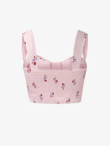 Ditsy Floral Buttons Bustier Top With Button Fly Slit Midi Denim Skirt Two Piece Set