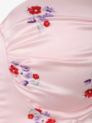 Ditsy Floral Buttons Bustier Top With Button Fly Slit Midi Denim Skirt Two Piece Set