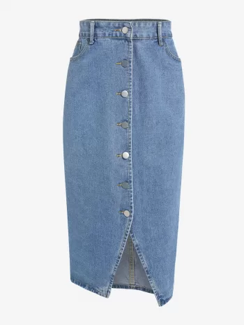 Ditsy Floral Buttons Bustier Top With Button Fly Slit Midi Denim Skirt Two Piece Set