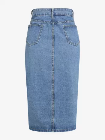 Ditsy Floral Buttons Bustier Top With Button Fly Slit Midi Denim Skirt Two Piece Set