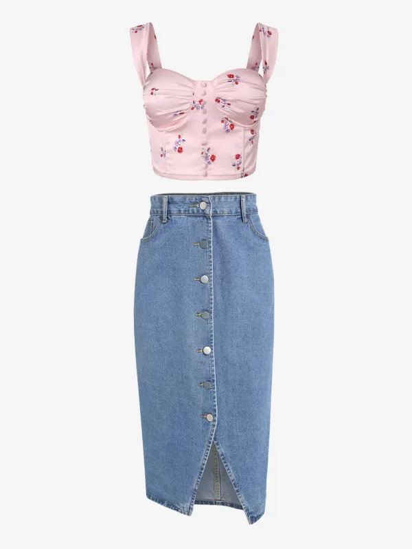 Ditsy Floral Buttons Bustier Top With Button Fly Slit Midi Denim Skirt Two Piece Set