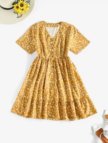 Ditsy Print Half Button Flounce Hem Dress