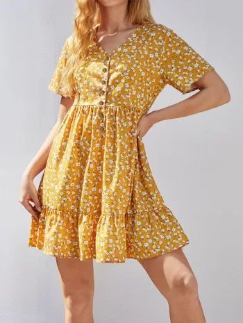 Ditsy Print Half Button Flounce Hem Dress
