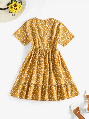 Ditsy Print Half Button Flounce Hem Dress