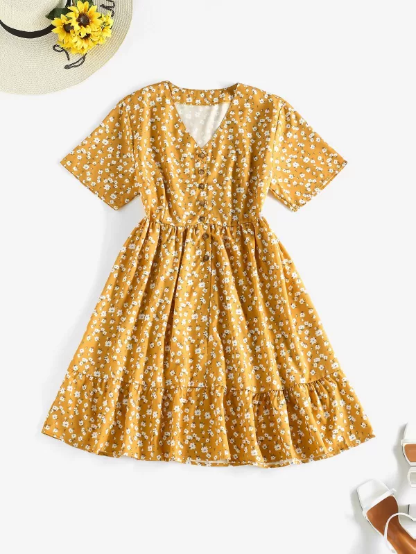 Ditsy Print Half Button Flounce Hem Dress