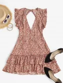 Ditsy Print Layered Flounce Ruffle Open Back Dress