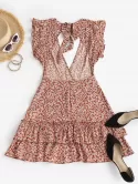 Ditsy Print Layered Flounce Ruffle Open Back Dress