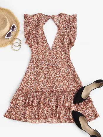 Ditsy Print Layered Flounce Ruffle Open Back Dress