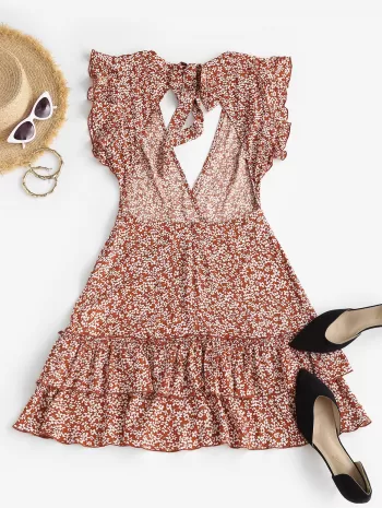 Ditsy Print Layered Flounce Ruffle Open Back Dress