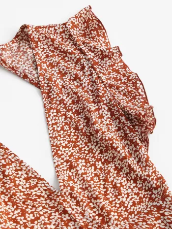 Ditsy Print Layered Flounce Ruffle Open Back Dress