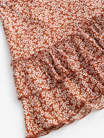 Ditsy Print Layered Flounce Ruffle Open Back Dress