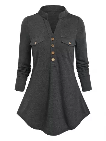 Double Pockets Half Button Heathered T-shirt