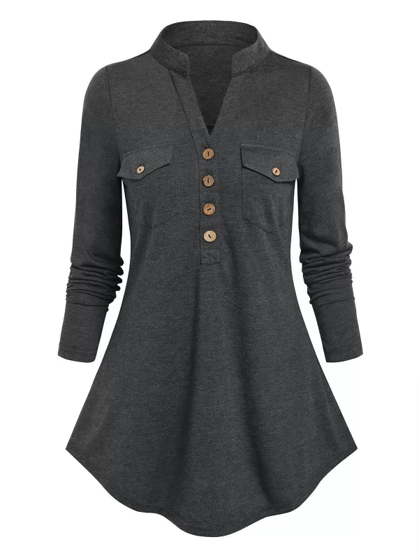 Double Pockets Half Button Heathered T-shirt