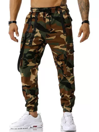 Drawstring Camouflage Print Strap Cargo Pants
