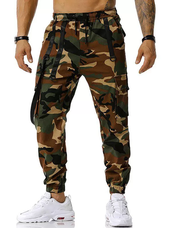 Drawstring Camouflage Print Strap Cargo Pants