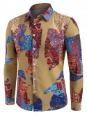 Ethnic Map Print Button Up Long Sleeve Shirt