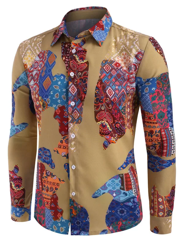 Ethnic Map Print Button Up Long Sleeve Shirt