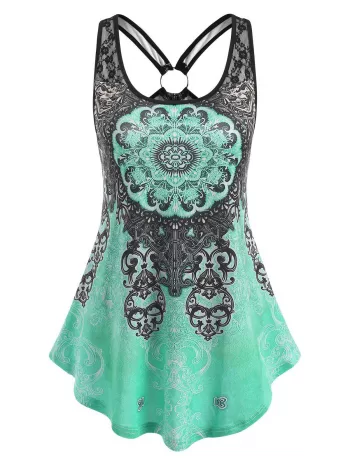 Ethnic Printed Ring Lace Panel Tank Top