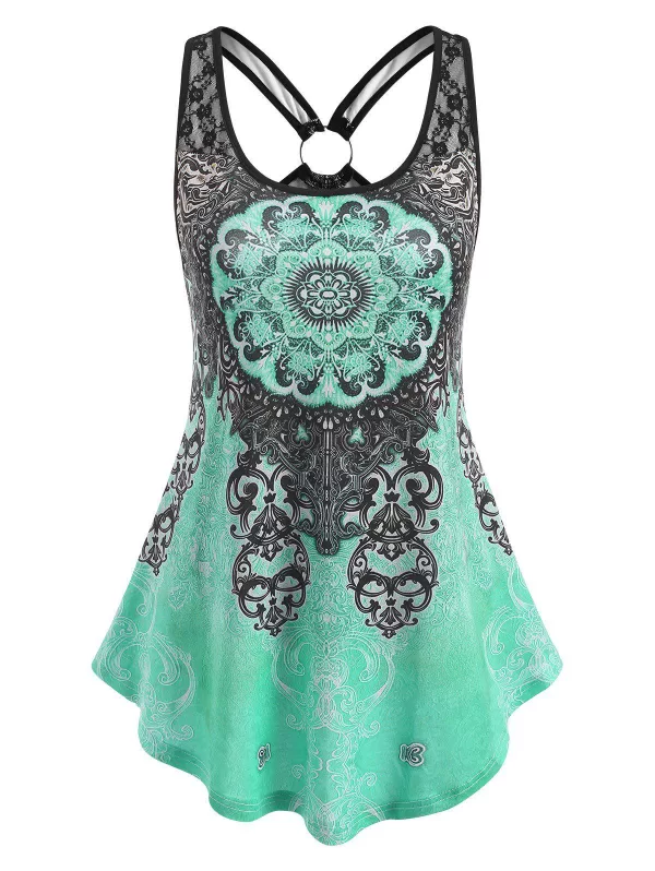 Ethnic Printed Ring Lace Panel Tank Top