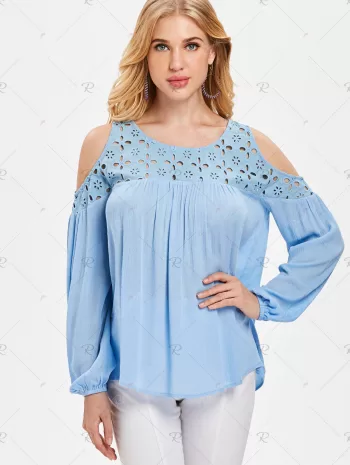 Eyelet Yoke Cold Shoulder Blouse