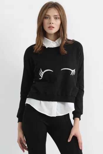 Fashionable Jewel Neck White Eyelash Print Long Sleeve Sweatshirt For Women