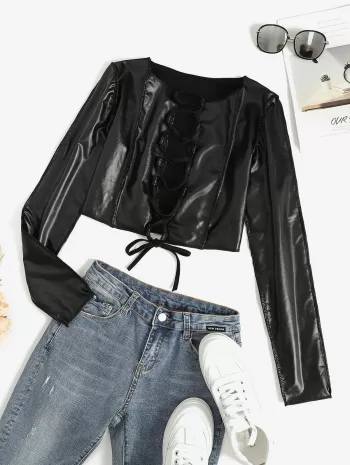 Faux Leather Lace Up Stitching Cropped Top