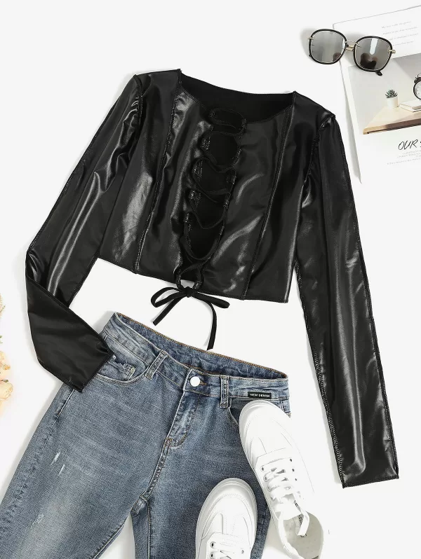 Faux Leather Lace Up Stitching Cropped Top