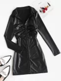 Faux Leather Ruched Slinky Shirt Dress