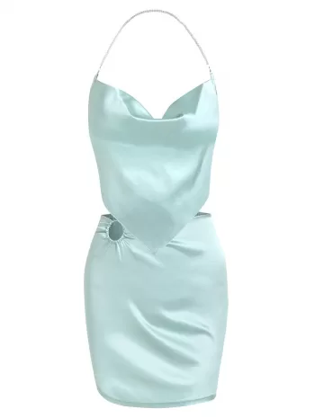 Faux-pearl Halter Napkin Satin Top And Ring Mini Skirt Set